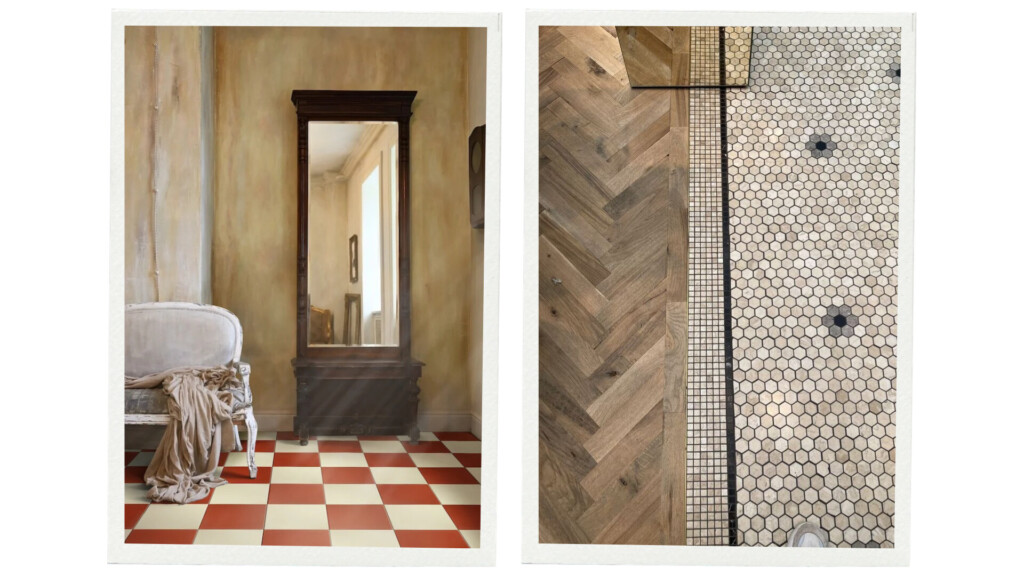 Split image: left shows a vintage room with a red-and-cream checkerboard floor, upholstered chair, and tall mirror; right shows a close-up of wood herringbone flooring meeting hex tile with a mosaic border.