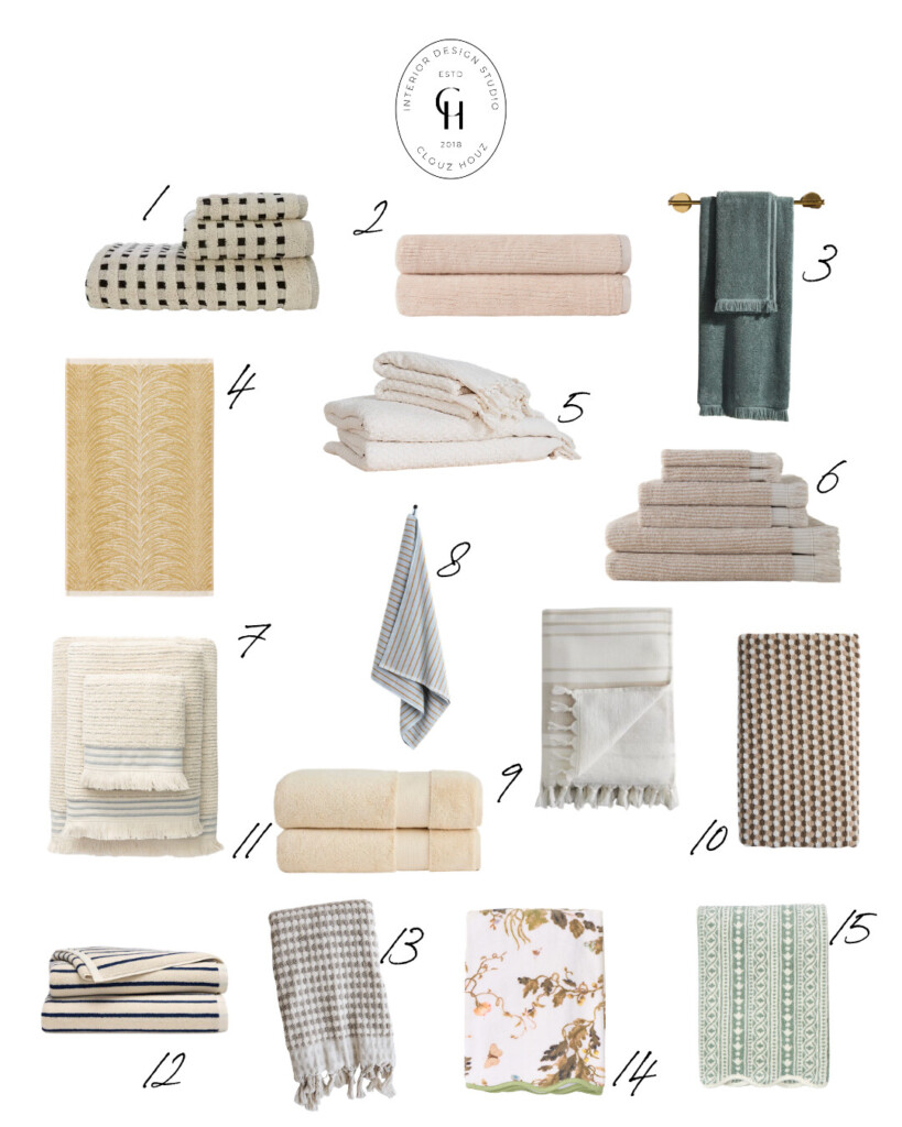 Roundup of patterned and colored bath towels including striped, fringed, textured, and neutral-toned options for a styled bathroom refresh