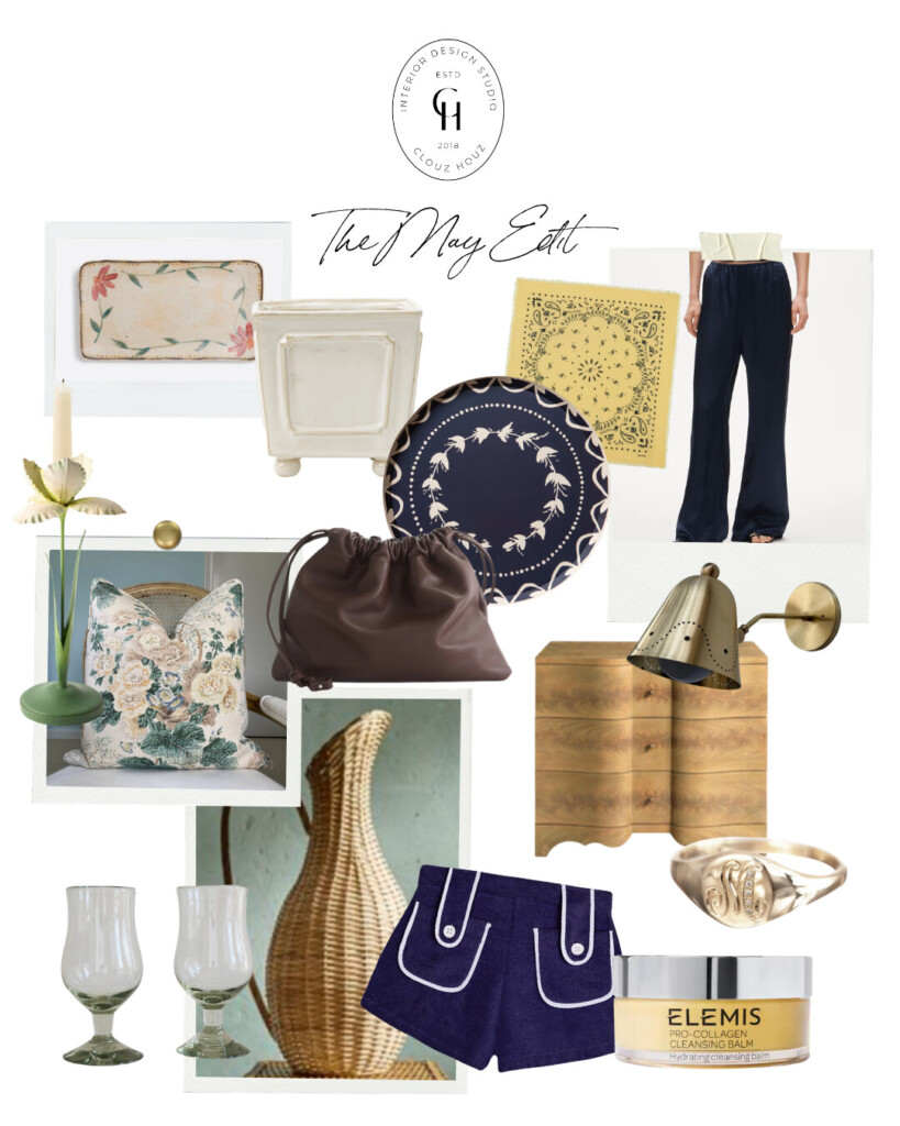 Collage titled “The May Edit” featuring curated home decor and lifestyle items including floral pillow, rattan pitcher, brass wall sconce, wooden dresser, leather drawstring bag, blue patterned plate, yellow bandana, navy trousers, ceramic planter, glassware, gold signet ring, and Elemis cleansing balm in a neutral, classic style palette