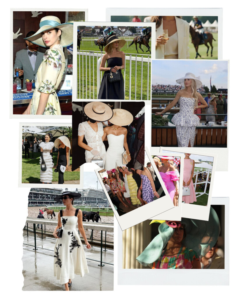Collage of Kentucky Derby fashion featuring women in elegant dresses and statement hats, including wide-brim hats, floral prints, structured silhouettes, and pastel looks at a horse racing event