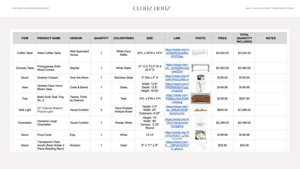 Interior design materials spreadsheet with product selections, pricing, specifications, and shopping links for a complete virtual design plan.