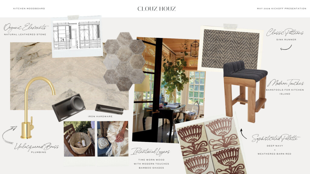 Sonoma-inspired kitchen moodboard featuring natural stone countertops, unlacquered brass faucet, dark bronze hardware, woven textures, and warm wood barstools for a layered, organic design.