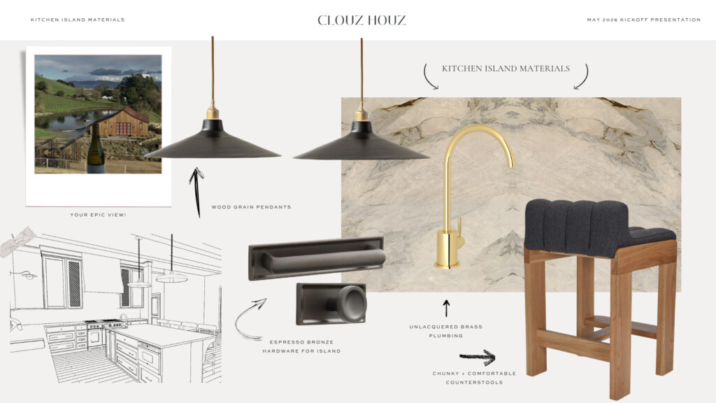 Kitchen island design concept with brass faucet, dark bronze hardware, statement stone slab, and wood barstools, blending classic and modern materials.