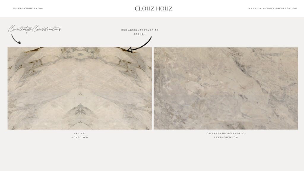 Natural stone countertop options featuring honed and leathered marble slabs with soft veining, showcasing material variation and texture.