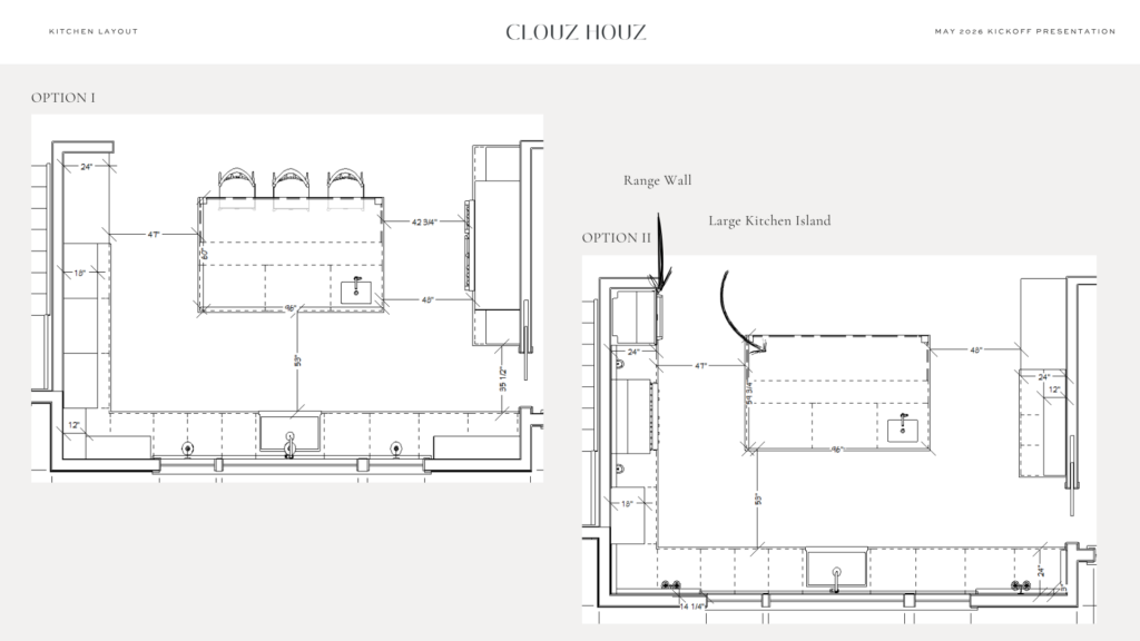 Kitchen layout drawings showing two island configurations with detailed dimensions and spatial planning for optimal flow and functionality.